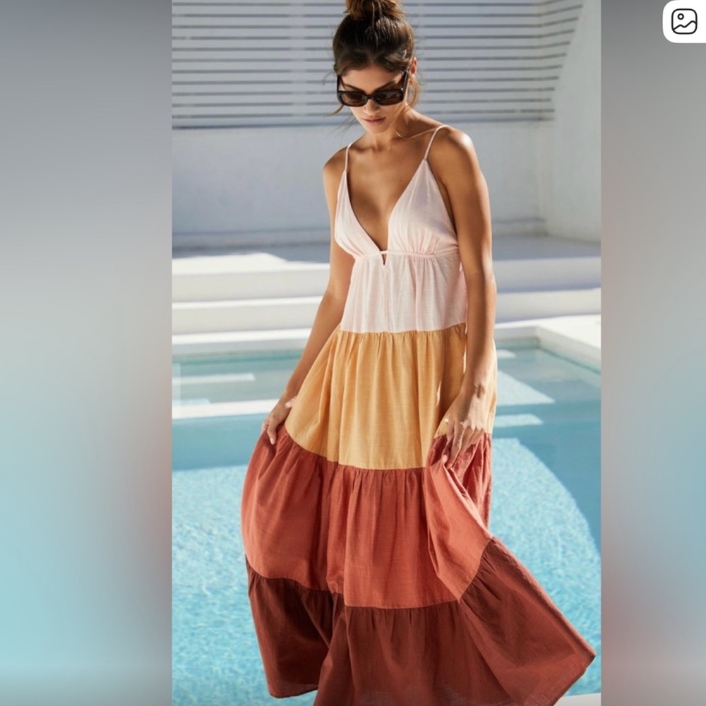 Tiered Spaghetti-Strap Maxi Dress in Blush, Mustard & Rust